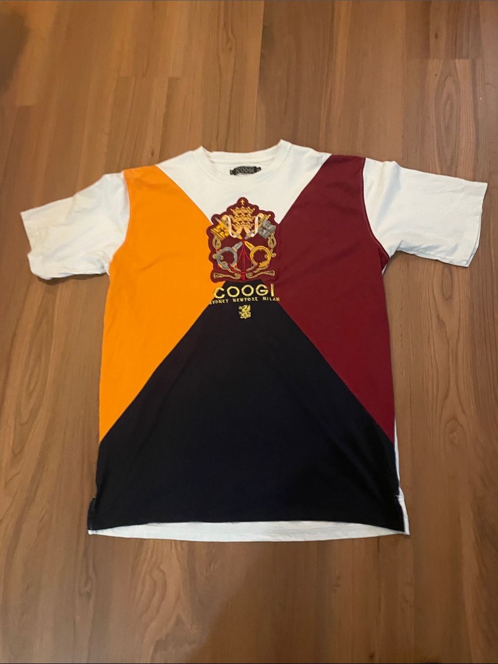 COOGI Men’s Colorblock Crest Tee - White, Gold, Burgundy, Black